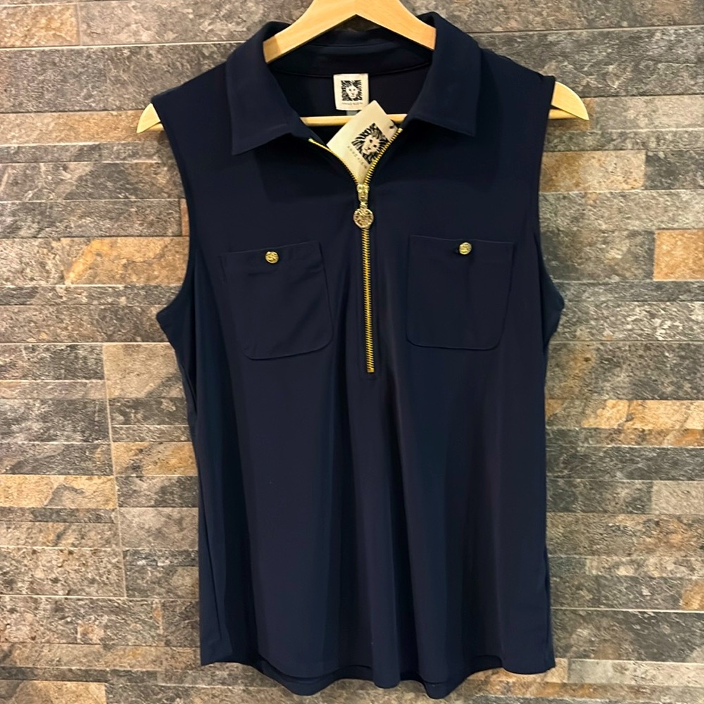Anne Klein Sleeveless Half Zip Blue Blouse Size Medium
